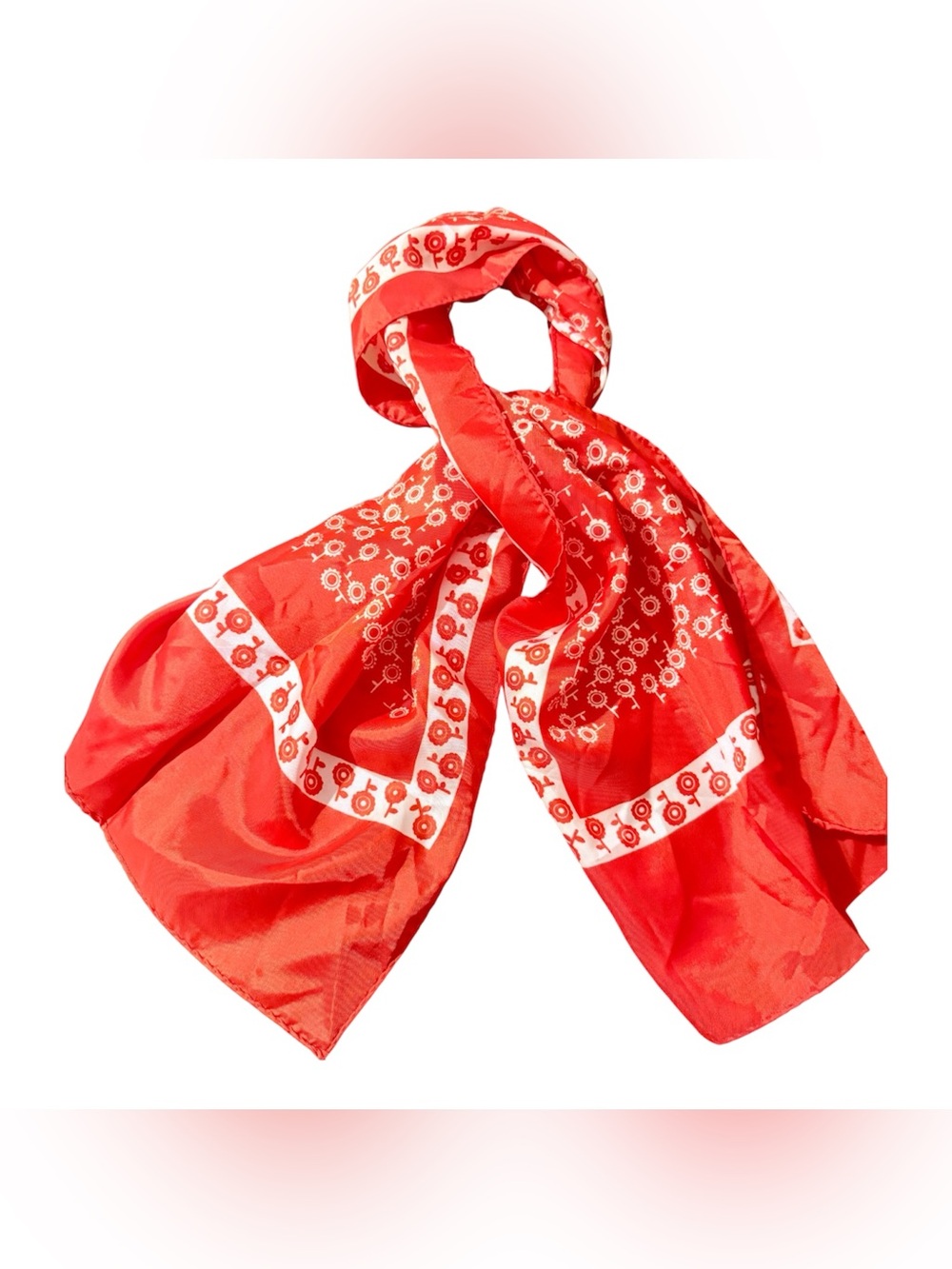 Vintage‎ Red & White Floral Print Head Scarf, 44” Long Oblong Mod 1960’s